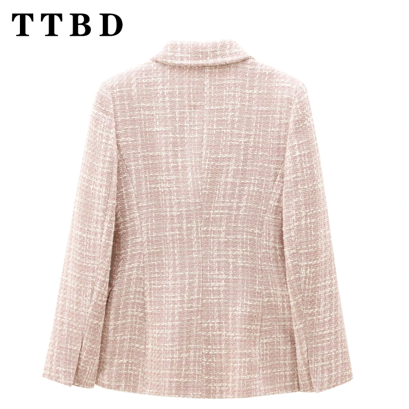 TTBD 2024 New Autumn Ladies Fashion Textured Blazer Coat Solid Color Retro Long Sleeve Versatile Suit Outerwear