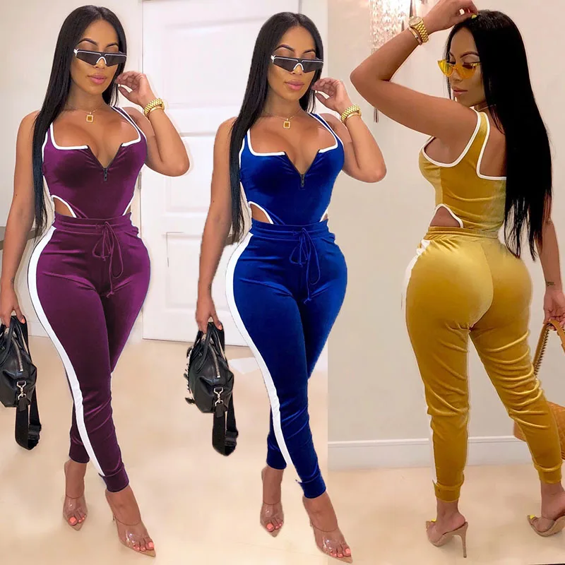 Sexy Bodycon 2pcs Set, Sleeveless Cut Out Bodysuit & High Waist Stretchy Pants, Women's Clothing