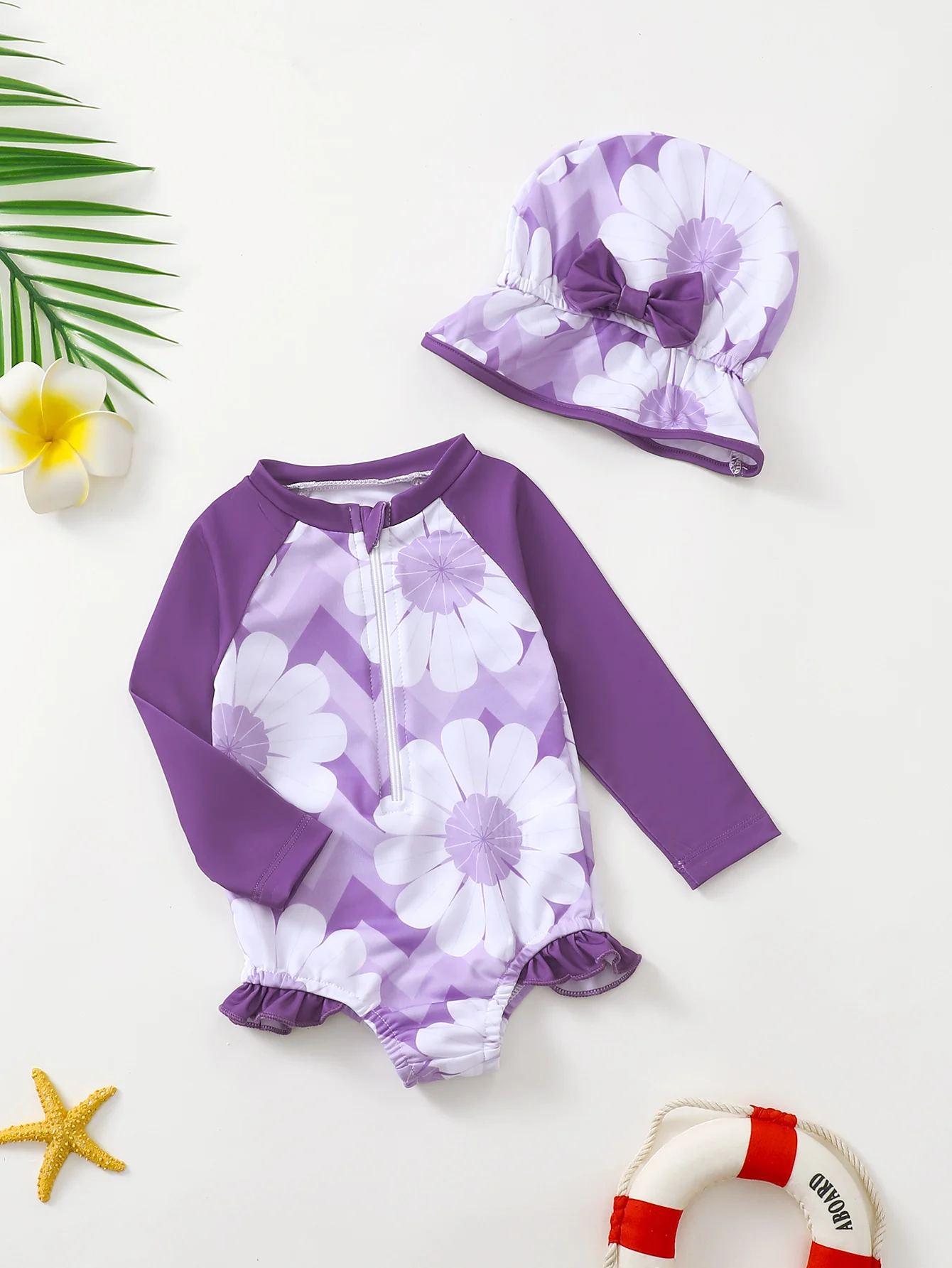 Summer Infant Girl Long Sleeve Triangle Swimsuit with Hat Toddler Swimwear Baby Girls Protective Clothing for Swimming