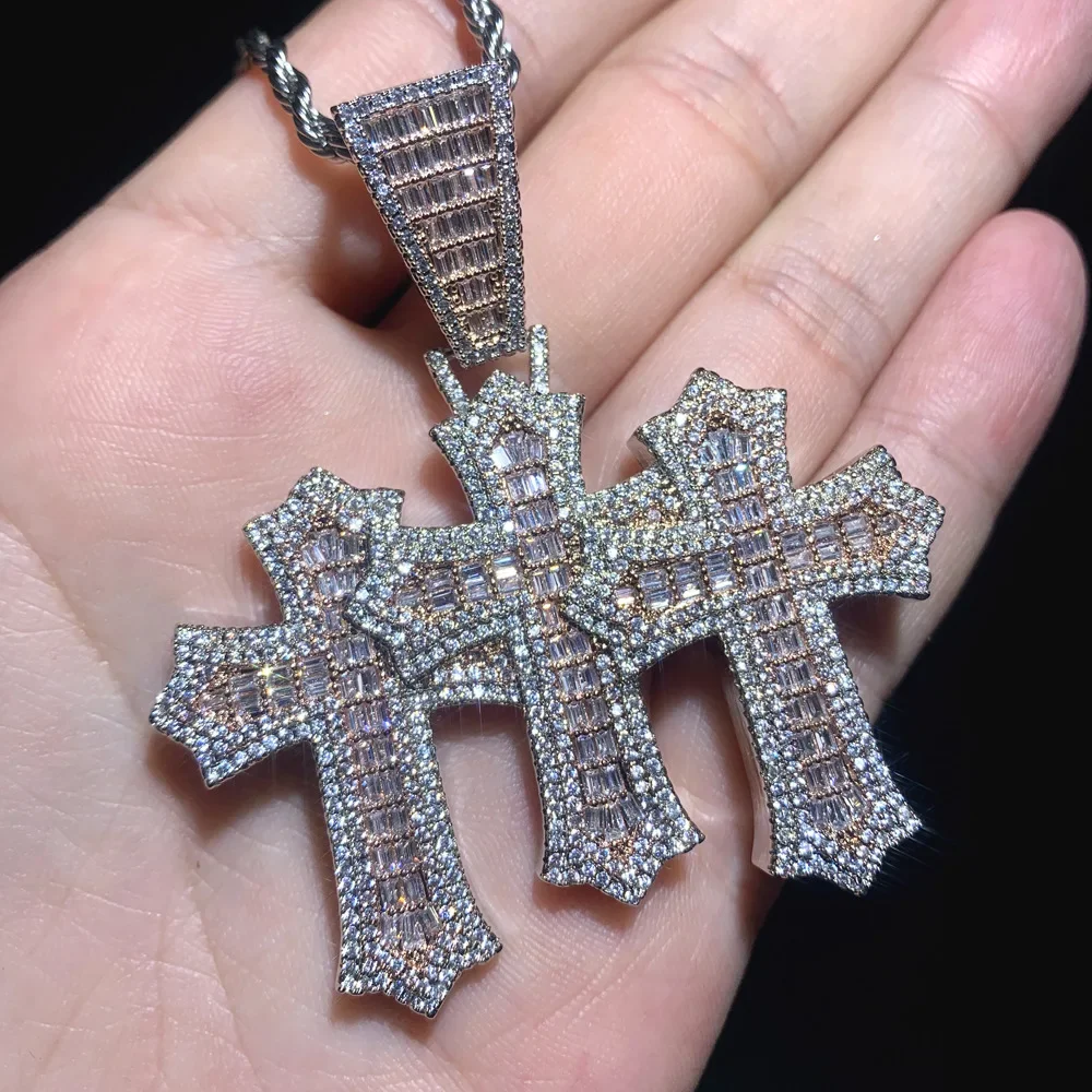 Two Tone Rose Gold Color Iced Out Bling 5A Cubic Zircon CZ Hip Hop Men Three Crosses Pendant Necklace