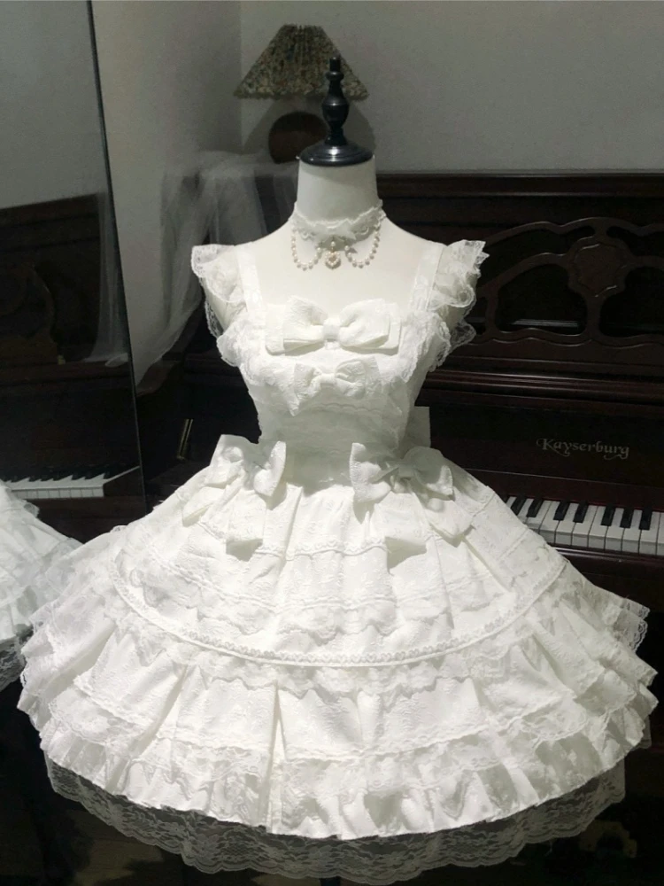 Lolita Kawaii Y2k Jurk met lange mouwen en bandjes Japanse knielange dames elegante kanten strik patchwork baljurk zoet het hele seizoen