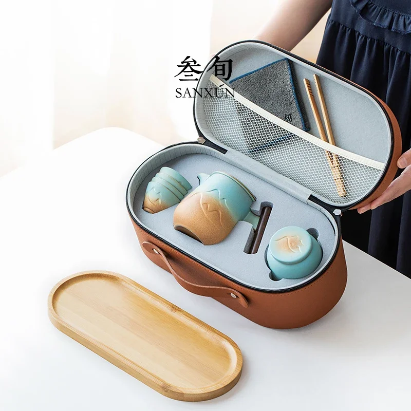 

Tea Cup Set Travel Tea Set Quaker Cup Handbag Outdoor Portable Kung Fu Infuser Tea Cup Tea Tray Gift Set teapot porcelain