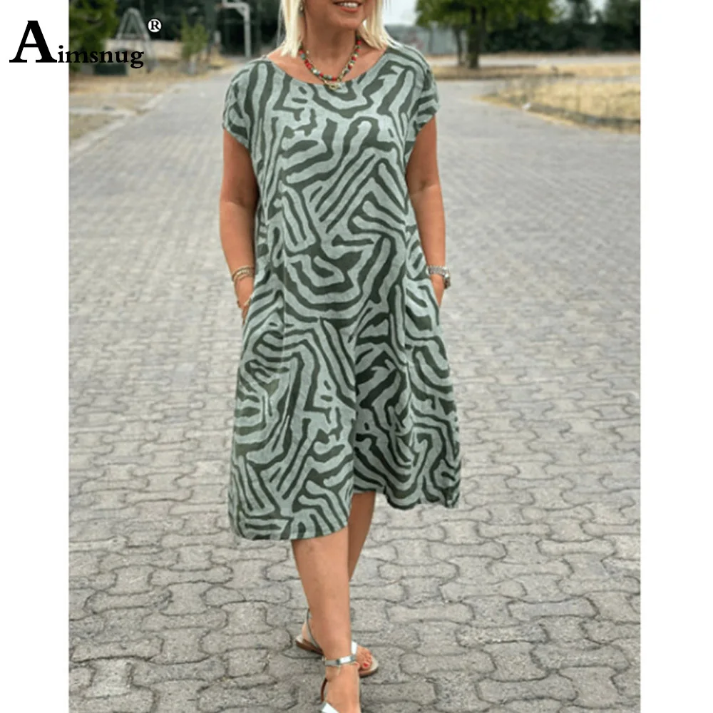 2025 Summer Bohemian Mid-calf Dresses Women Elegant Leaf Print Dress Plus Size 3xl Ladies Casual Retro Stand Pocket Dresses New