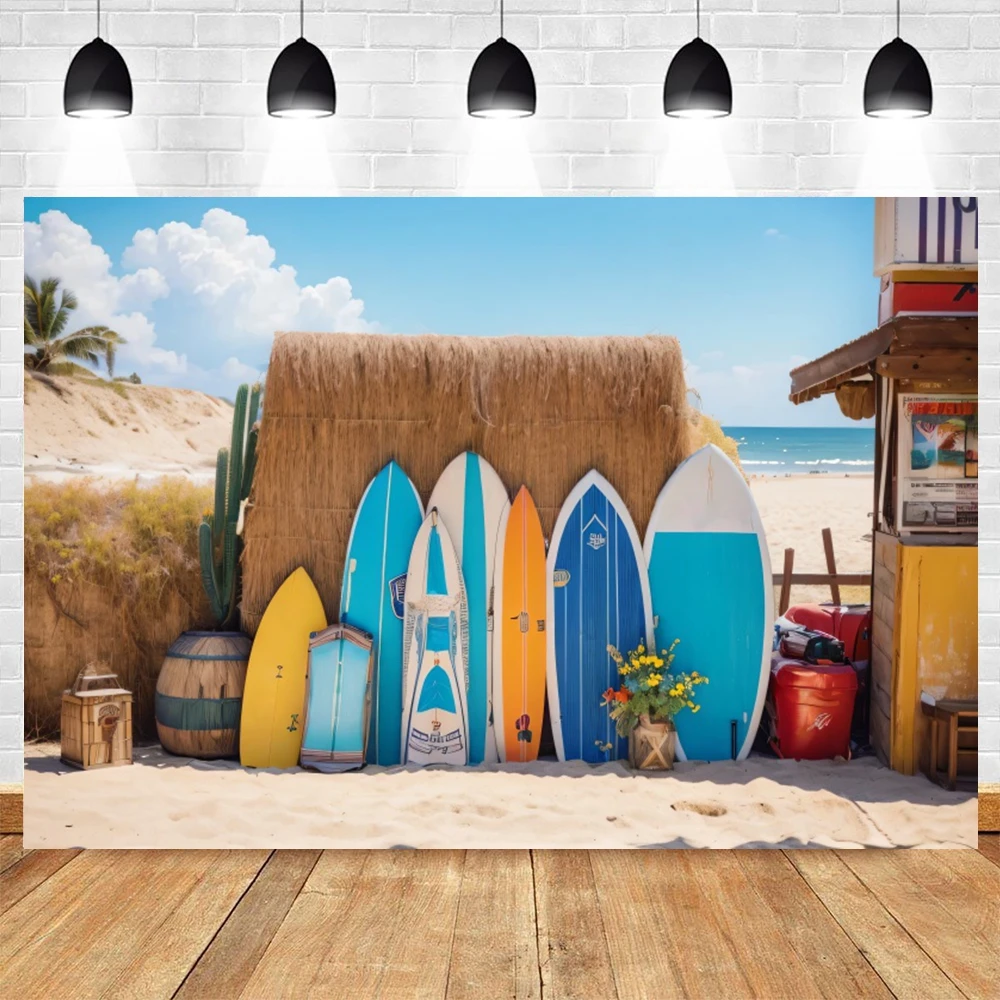 Summer Seaside Beach Party Photography Backdrop Sea Ocean Tropical Palm Leaves Flowers Surfboard Birthday Party Photo Background