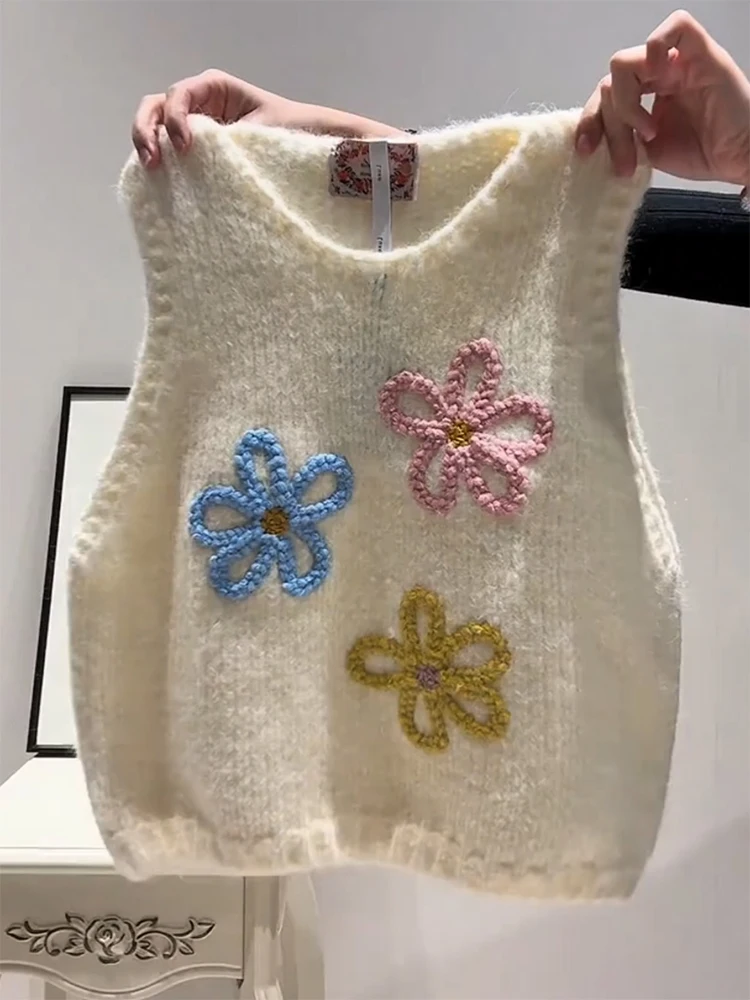 

Корейский вязаный жилет с цветочным узором, воротником-стойкой, модный, свободный, универсальный, омолаживающий топ для женщин, зима 2025