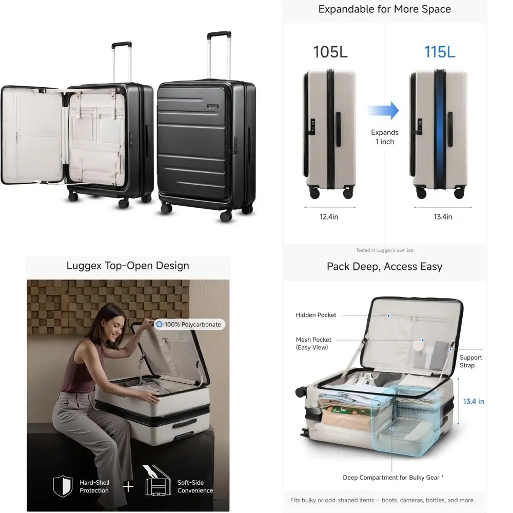 

Расширяемый чемодан из твердого поликарбоната на колесах, верхнее отверстие, вместимость 28 дюймов, 105 л, черный чемодан для путешествий