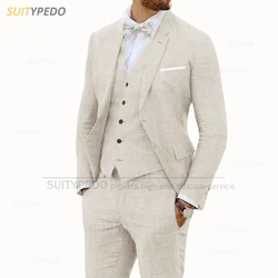 Trajes de lino Beige para hombres, traje informal ajustado, Blazer, chaleco, pantalones, conjunto Formal, esmoquin de graduación, boda, padrino de boda, mejor hombre, 3 piezas