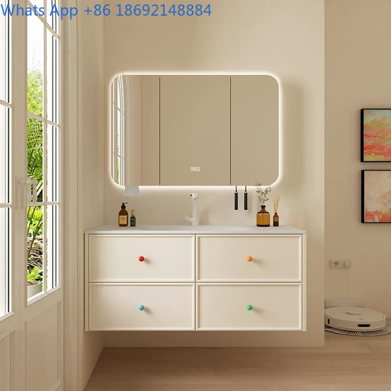

Washstand Cream Style Dopamine Bathroom Pure Oak Bathroom Cabinet Set with Integrated Ceramic Basin