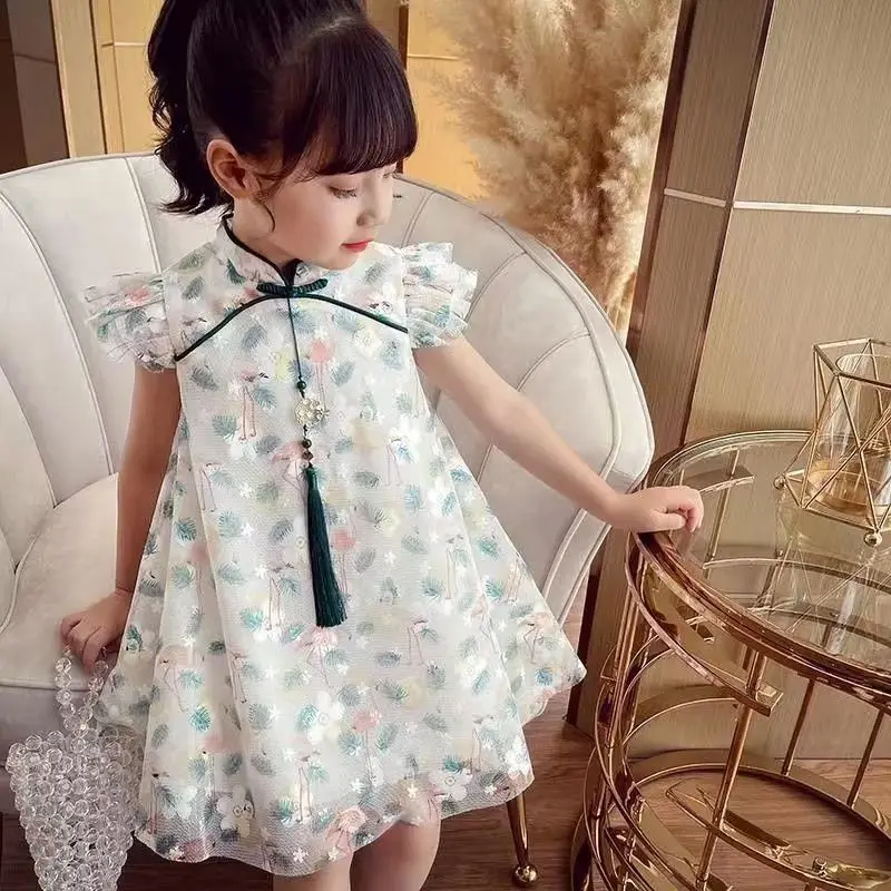 Kids Girls Dress Summer New Baby Qipao Fashionable Retro Tang Dress Children\'s Short Sleeve Flower Dress