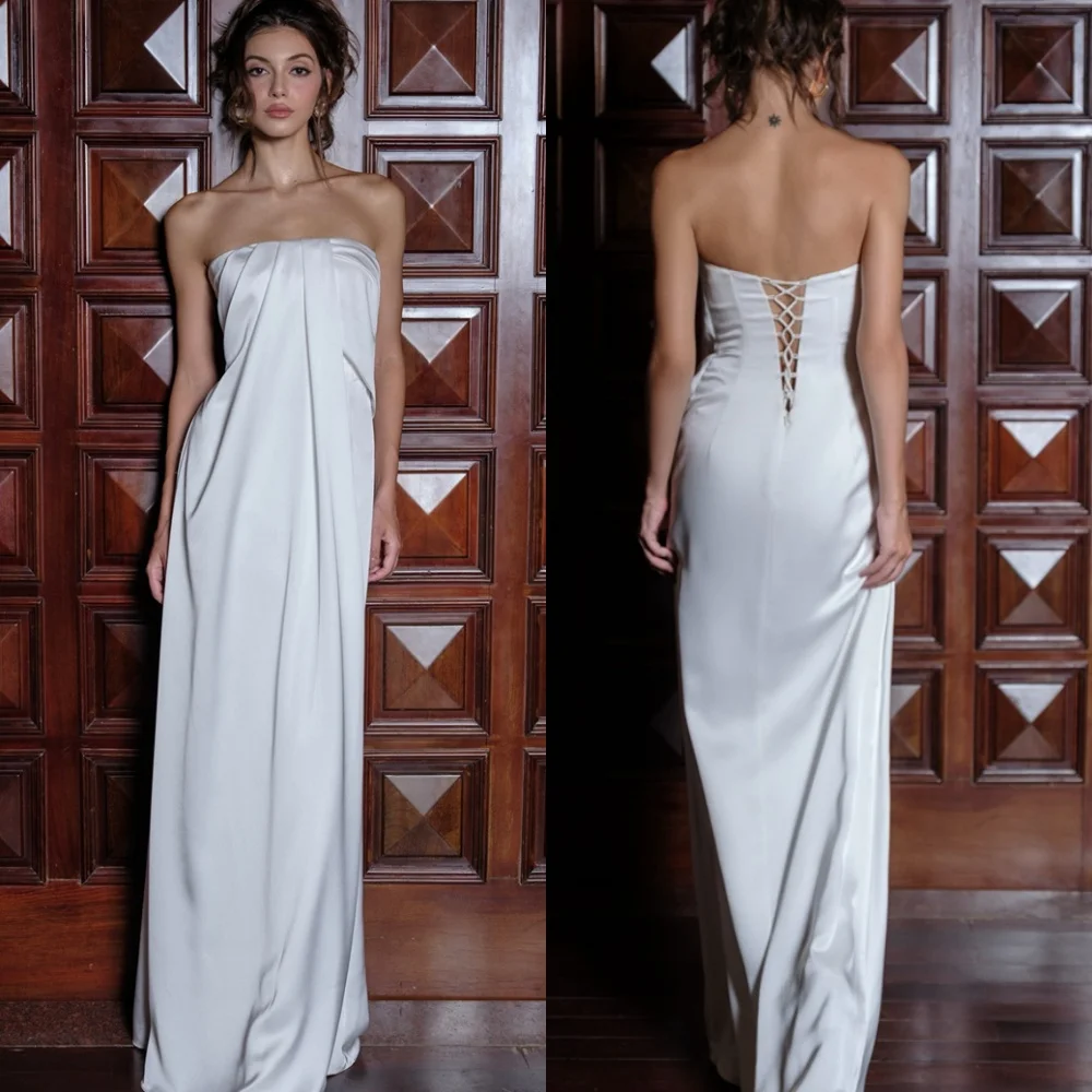 

Customized High Quality White Satin Evening Dress Temperament Strapless Sleeveless Lace Up Back Sweep Train Homecoming Dress