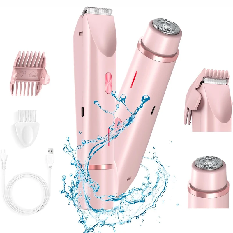 Women Electric Razors 2 in 1 Dual-Head Painless Bikini Trimmer Wet Dry Use for Ladies Pubic Hair Detachable Head Electric Shaver