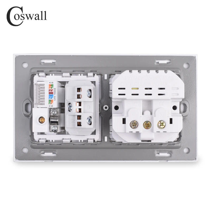 Coswall Tempered Glass Panel Wall EU Socket With Dual USB Charging Port Brasil Universal Outlet TV CAT6 Internet Jack DIY Module