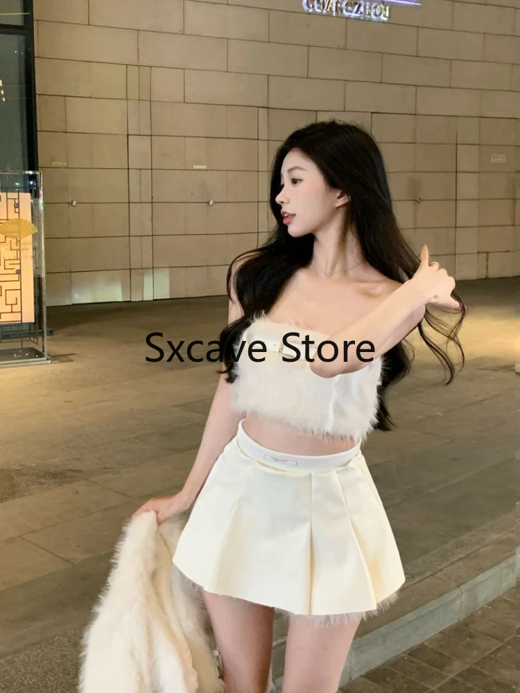 Sexy 3 Piece Skirt Set Women Casual Long Sleeve Coat + Bodycon Tube Tops + Sweet Mini Skirt Evening Party Clothing 2023 Autumn