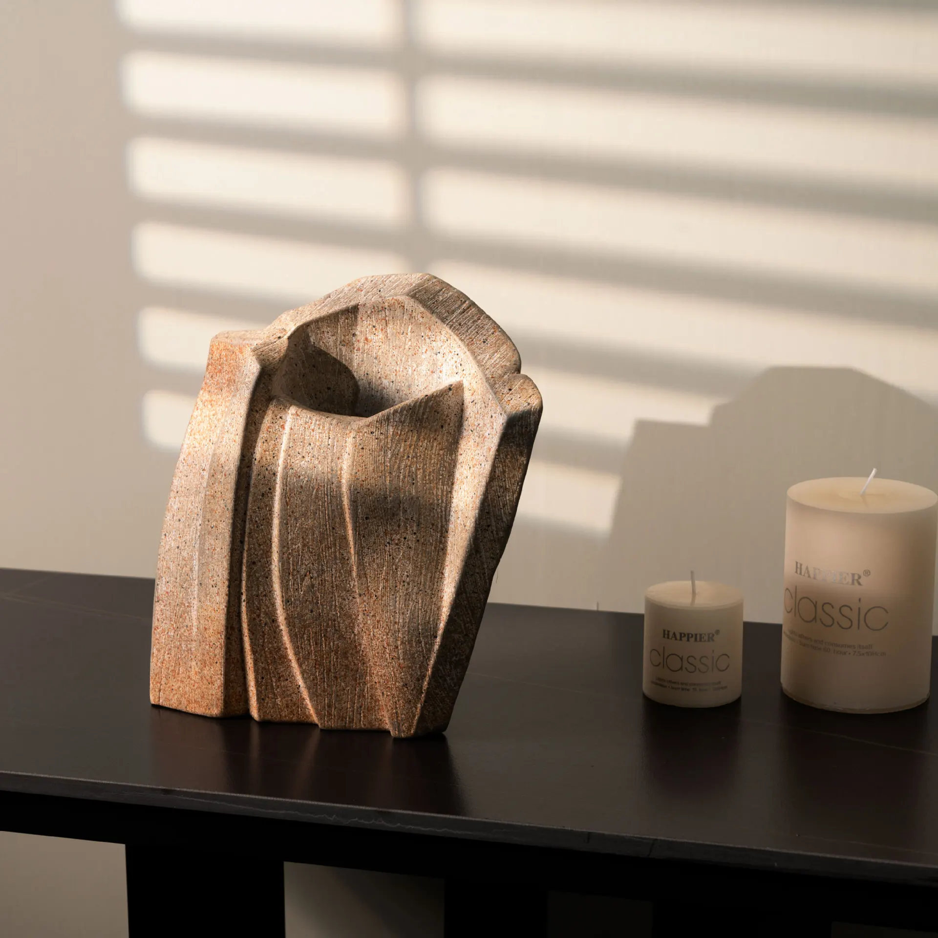 Abstract Textured Stone-Like Decorative Vase, Modern Rustic Home Table Centerpiece, Unique Sculpture Style Accent Piece