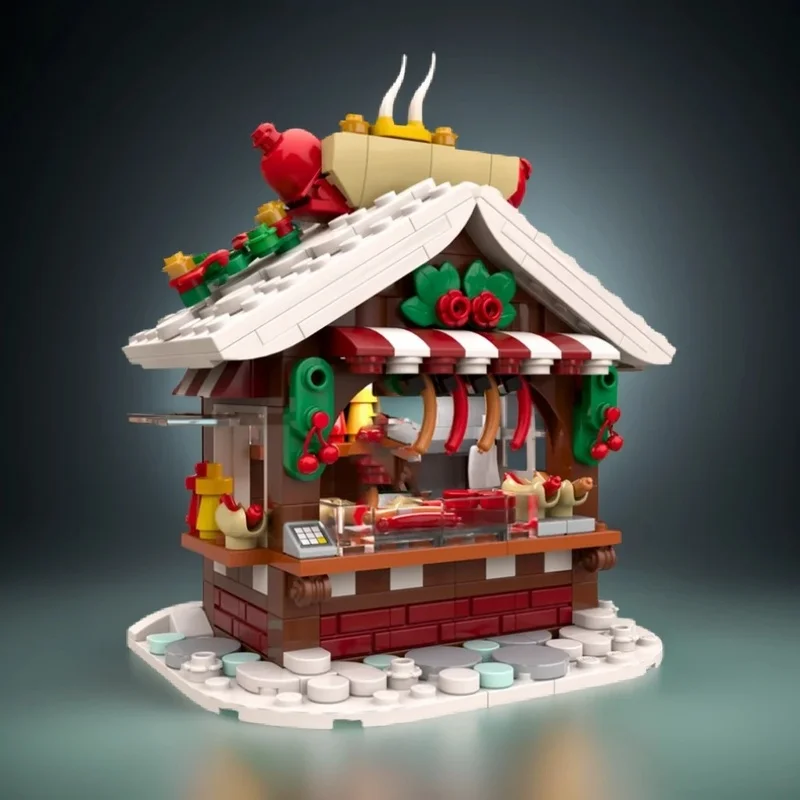 398pcs MOC Christmas Hot Dog Stall Instructions Winter Village Seasonal Model Building Blocks Design Collection Parts Toy Gift