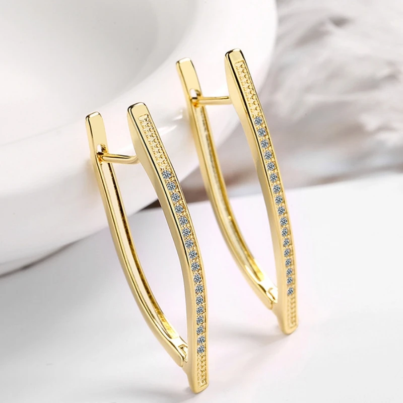

S925 Sterling Silver Female Big Earring White Zircon Double V Earring for Women Girl Fashion Golden Fine Jewelry Earring Gift