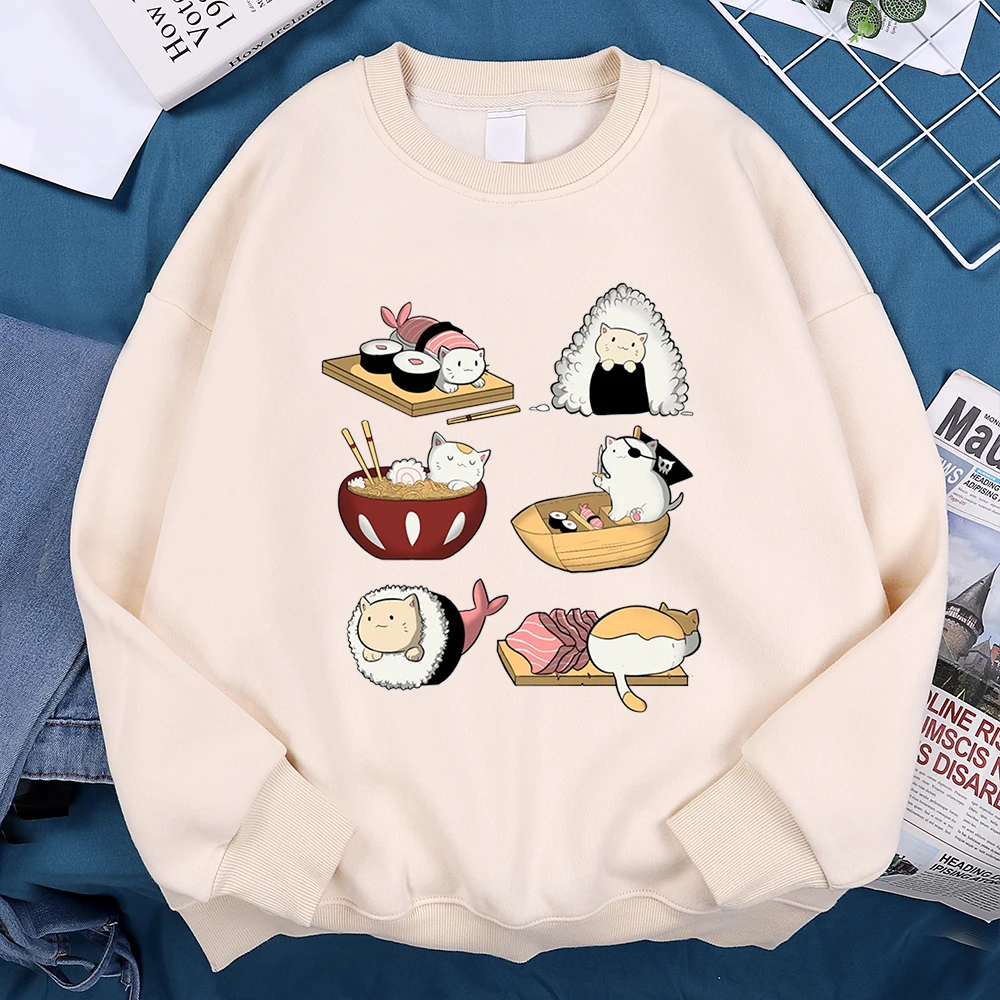 Cute Funny Sushi Cat Printing Clothes For Men New High Quality Hoody Vintage Crewneck Streetwear Autumn Fleece Sweatshirt Women