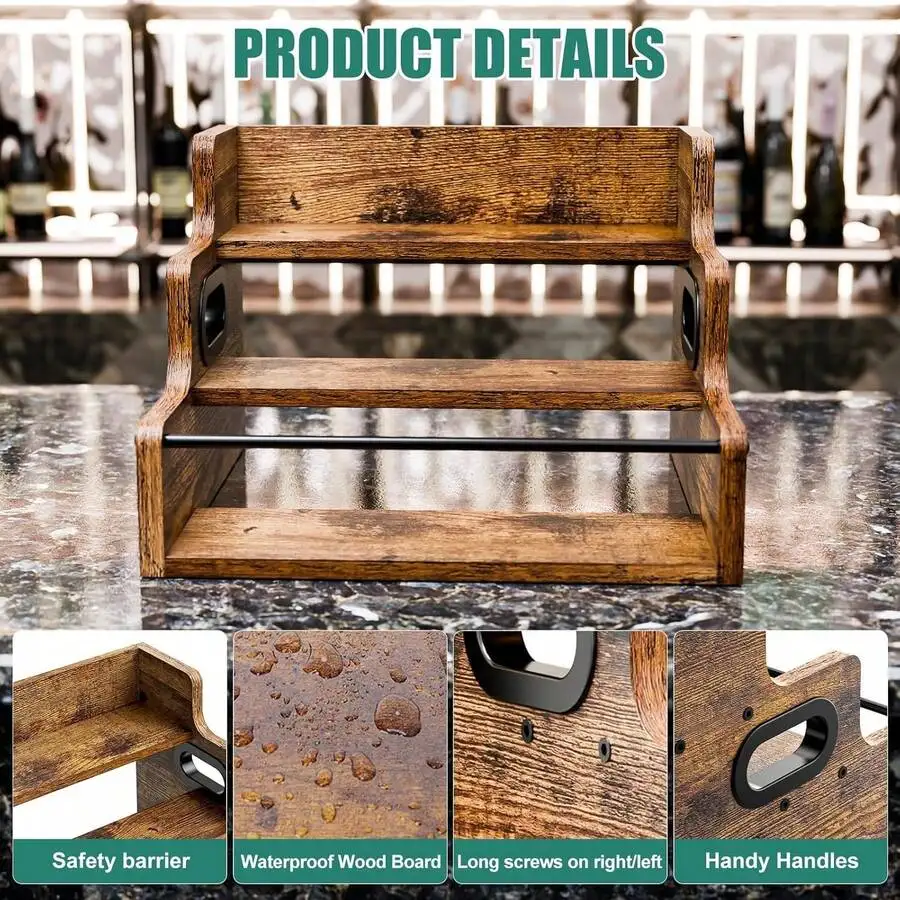 Solid Wood Liquor Bottle Display Shelf, Coffee Syrup Rack Organizer, 3 Step Countertop Liquor Wine Rack, Mini Bar, Liquor Cabine image 13