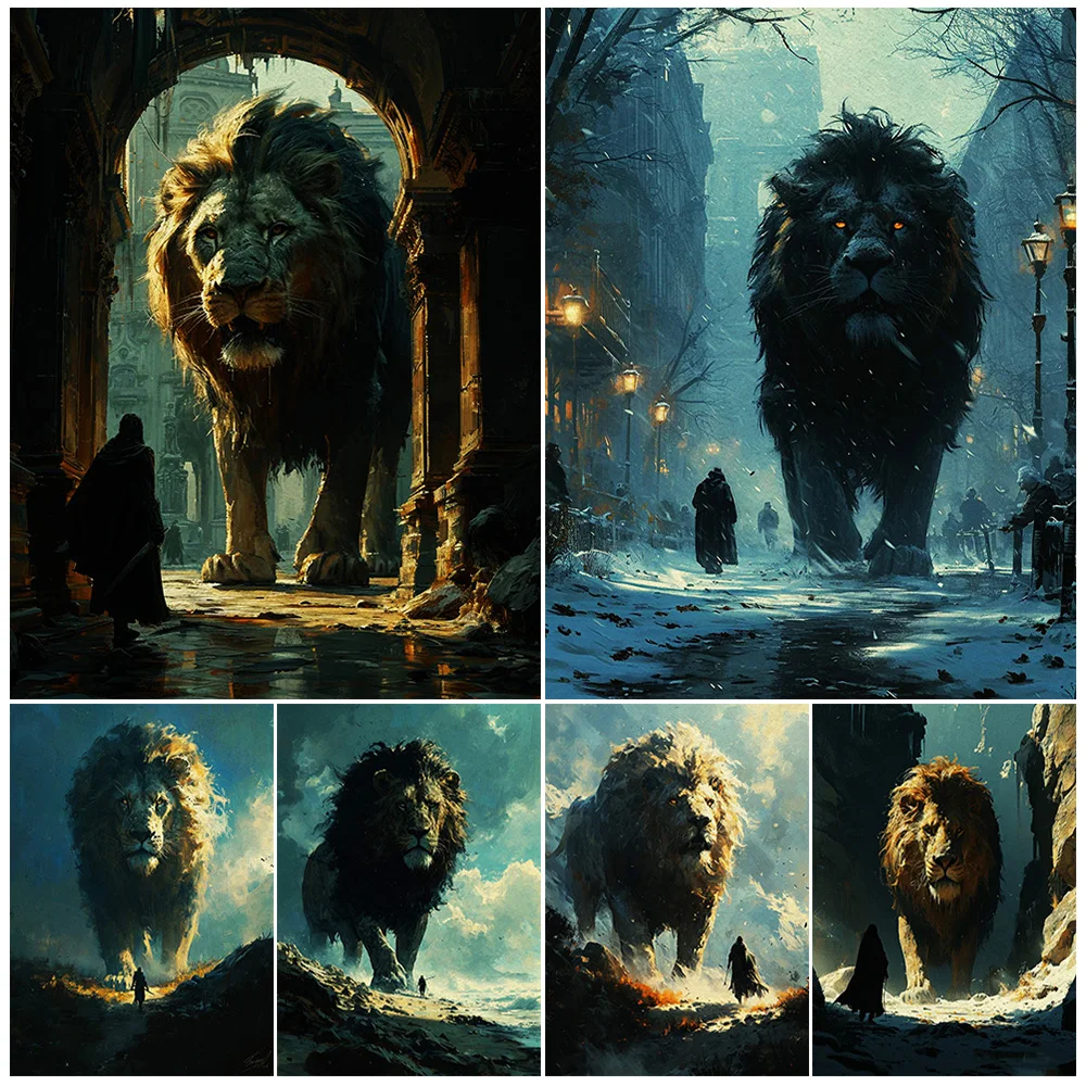 The Lion And The Swordsman In Winter Abstract Wall Art Canvas Painting Lion Beast Surreal Fantasy Art Poster Print Home Decor