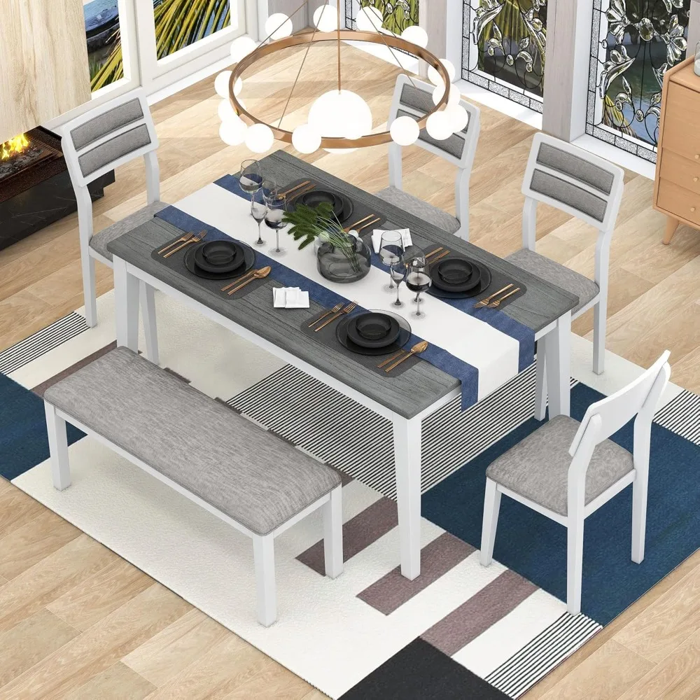 

Ball & Cast 6-Piece Dining Table Set for 6,Kitchen Table Set W/ 4 Upholstered Chairs & 1 Bench,Living Room Furniture W/ 60" Rect