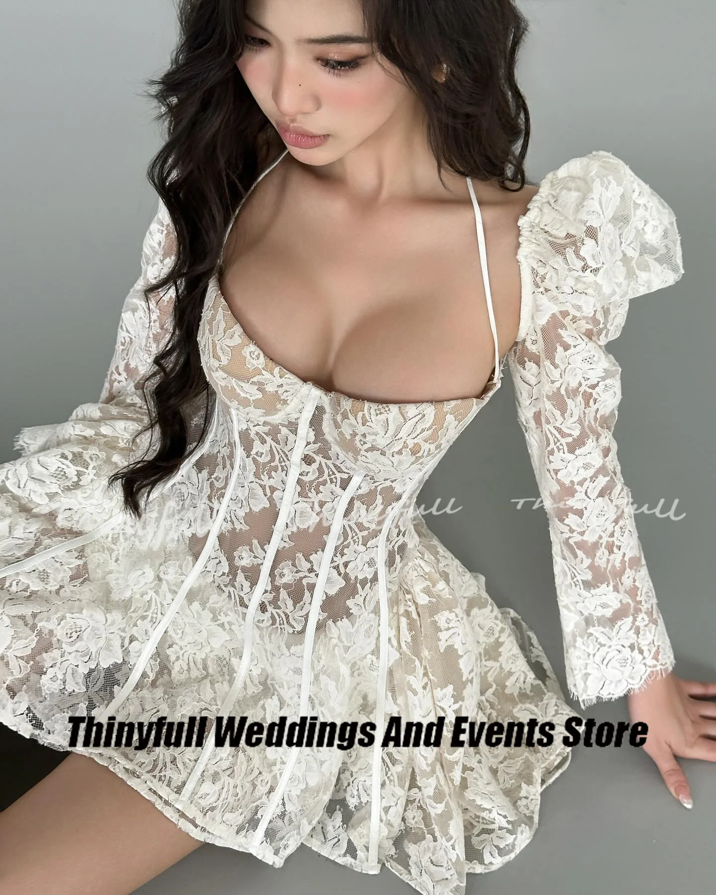 Thinyfull A-line Short Lace Prom Dresses Sweetheart Full Sleeves Evening Gown Birthday Party Dress Robe De Soirée Customized
