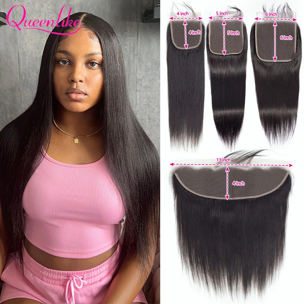 Queenlike 4x4/5x5/6x6 Straight Lace Closure 13x4 Frontal Closure Only Preplucked 100%Brazilian Human Hair Transparent Swiss Lace