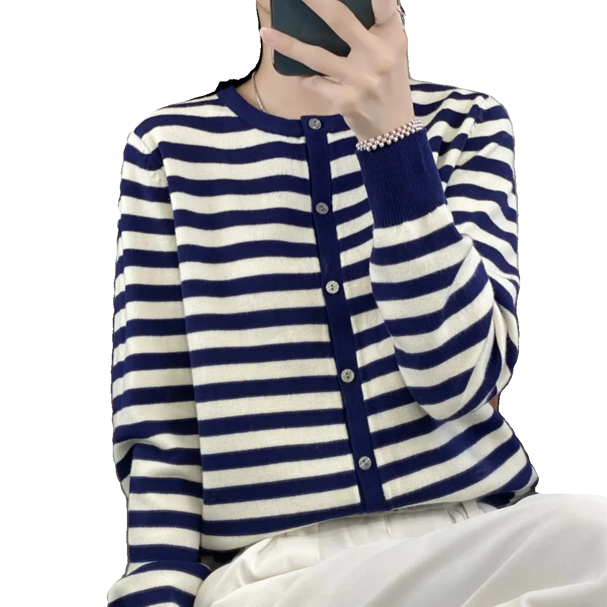 سترة نسائية مخططة طويلة محبوكة مفتوحة من الأسفل سترة خارجية مستديرة Ne فضفاضة للخريف والشتاء غير رسمية للعمر...