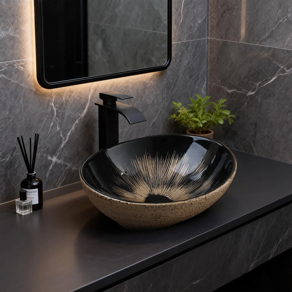 Torayvino Art Oval Ceramic Bathroom Basin Above Counter Vessel Vainty with Black Waterfall Mixer Faucet Pop-up Drain Combo Kit