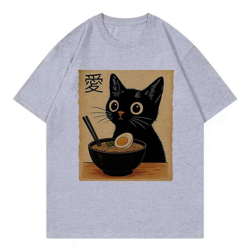Streetwear Round Neck Lover Cat Japanese Ramen Style Shirt  Funny T Shirts Men Women Cat T-shirt  Short Sleeve Tee Shirt