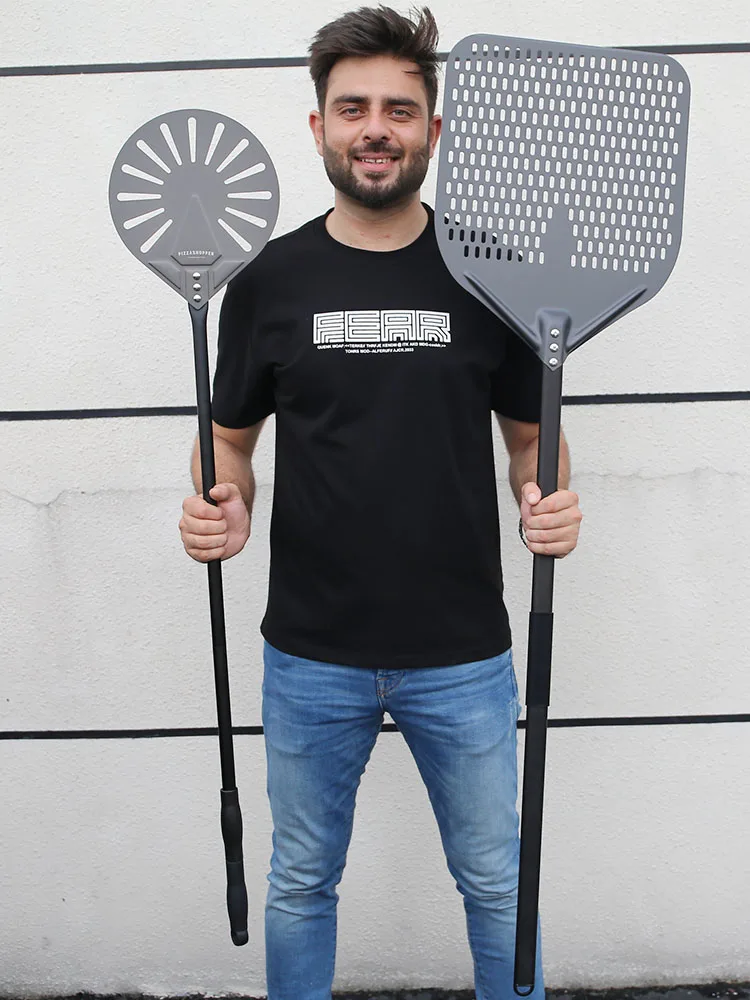 12" Hard Anodized Perforated Pizza Peel Rectangle Pizza Turning Shovel Set Aluminum Pizza Peel Paddle 40cm Long Silicone Handle