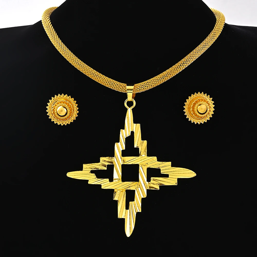 24K Gold Color Ethiopia Women Jewelry Necklace Earring  African Arab Bridal Set Habesha Eritrea Party Gift