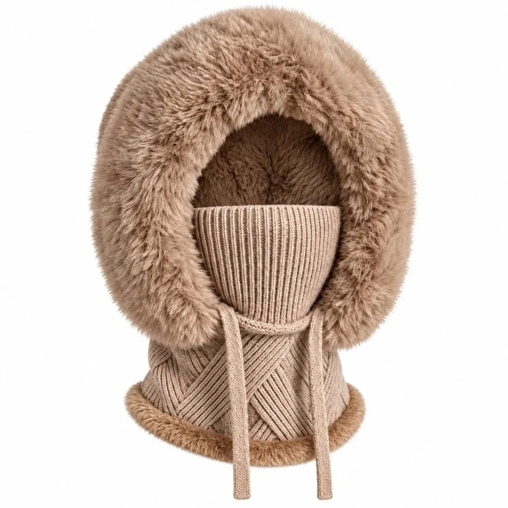 Fleece Lining Knitted Balaclava Hat Cable Knit Ear Protection Integrated Scarf Cap Full Coverage Drawstring Closure