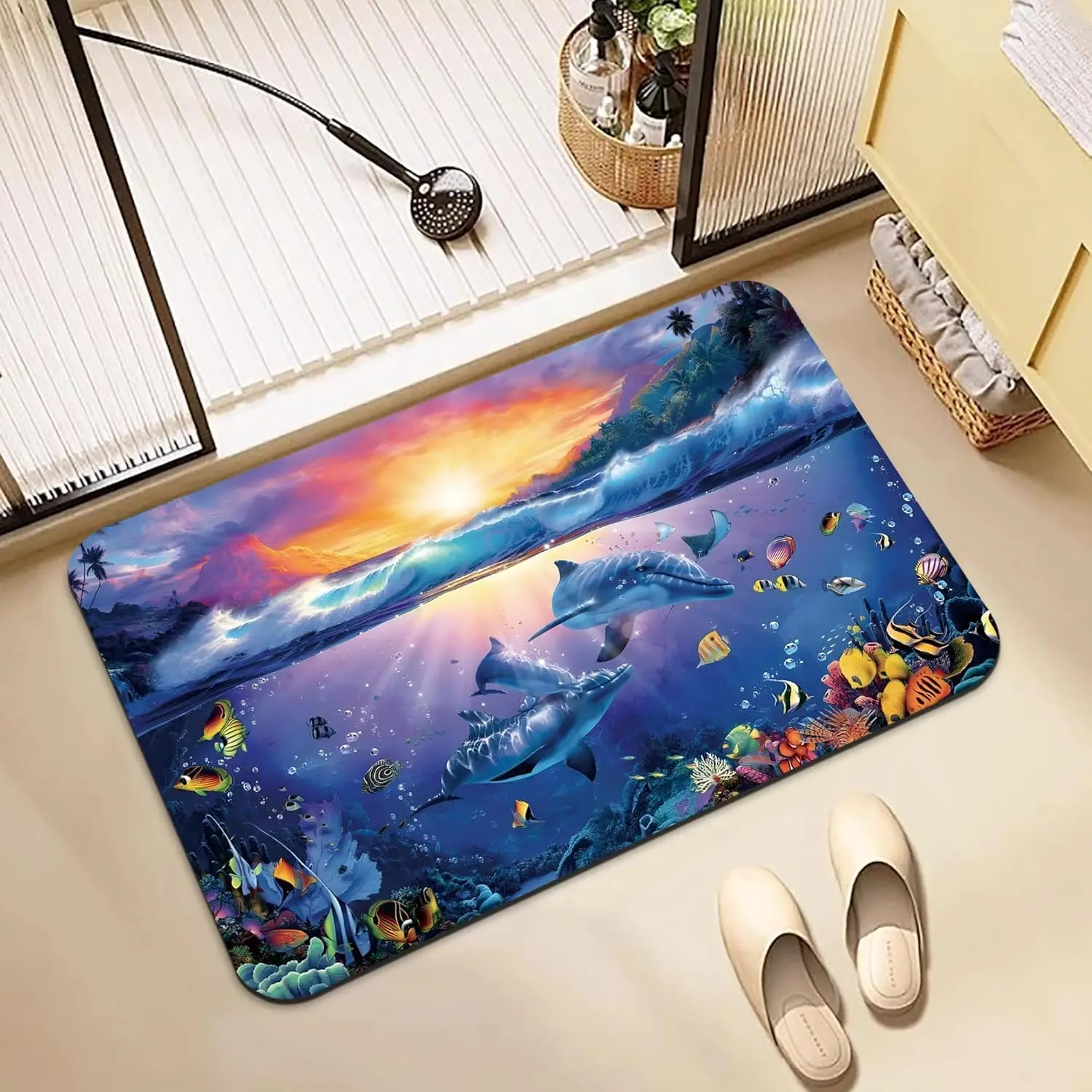 3D Dolphin Ocean Bathroom Mat Non Slip Absorbent Floor Rug for Tub Shower Kitchen Entryway Home Decor 17x29.5 Inch