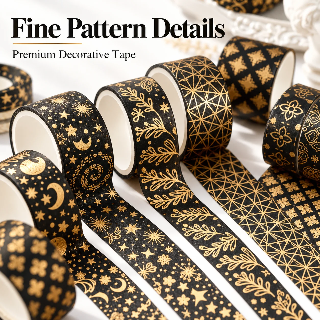 Black Washi Tape Set with Gold , Decorative Journaling Tape for Scrapbooking, Planner, DIY Crafts & Gift Wrapping