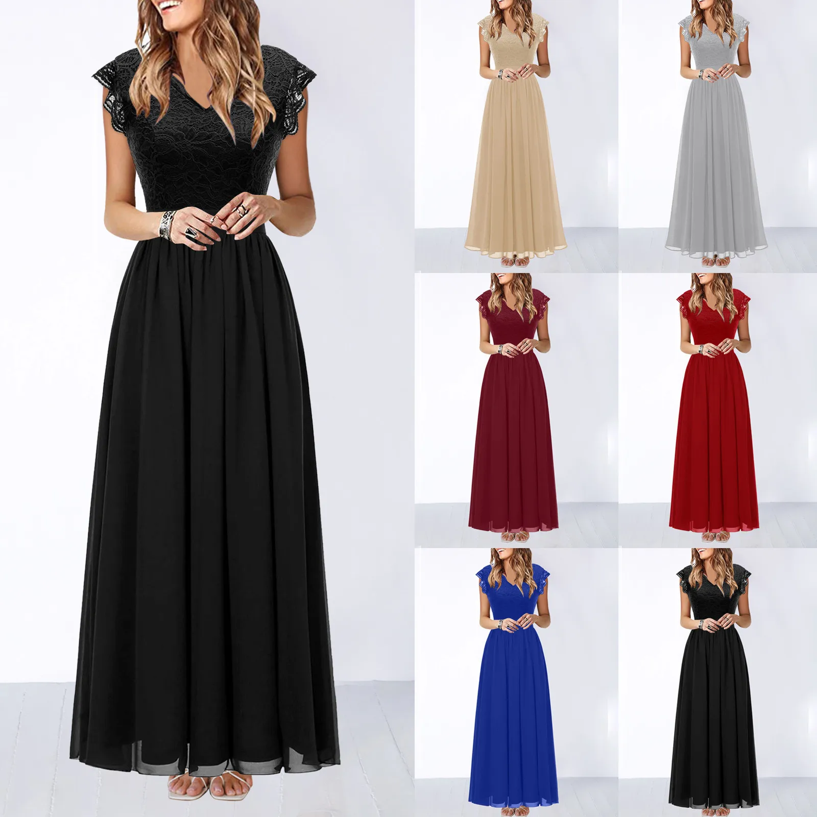 Women's Formal Lace Party Dress Elegant Length Sleeveless Chiffon Maxi Dress Bridesmaid Cocktail Party Maxi Long Dress Vestidos