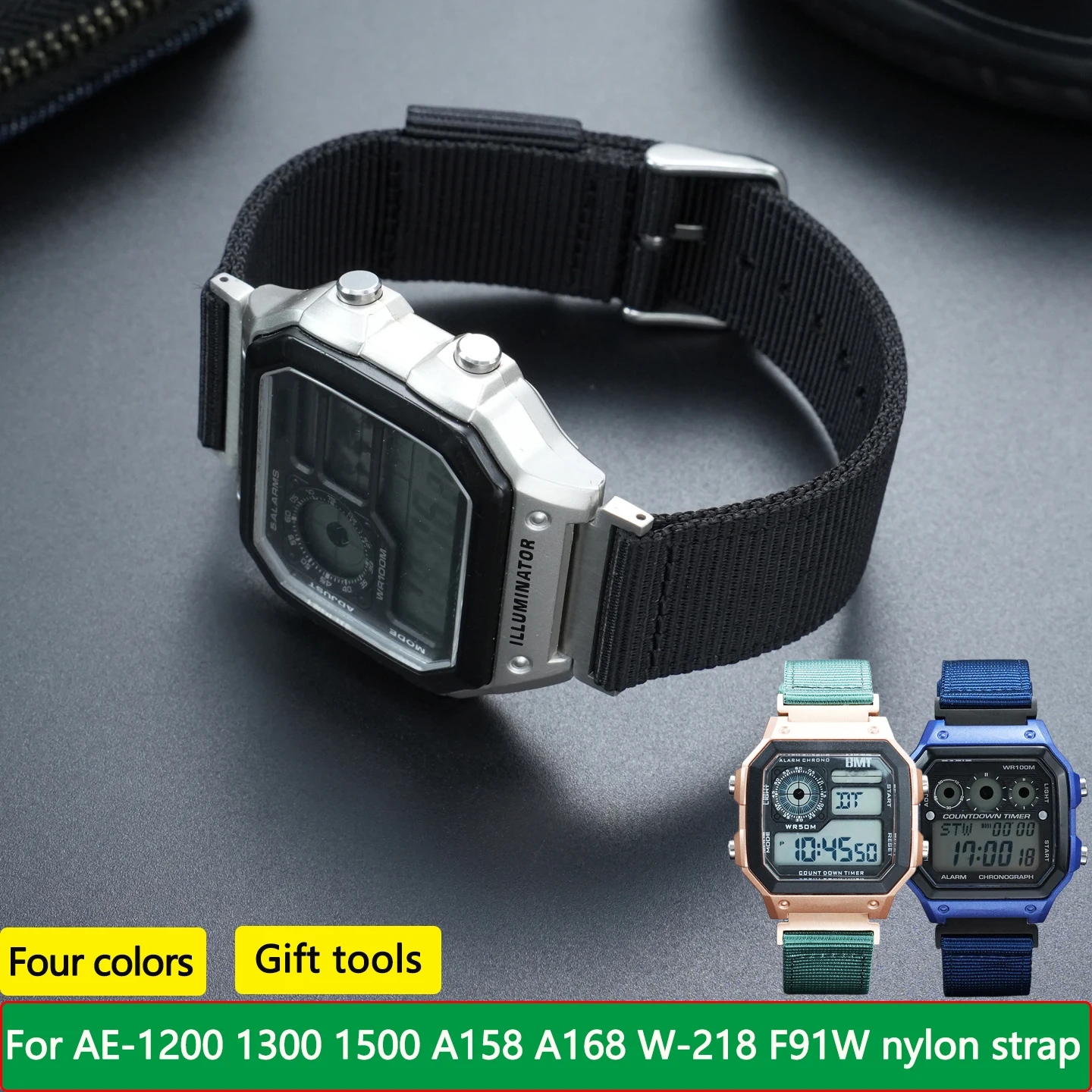 18mm Breathable nylon strap For Casio AE-1200/1300/1500 WS-1600H F91W A158/A159/A168 series men’s Watchband, with metal adapter