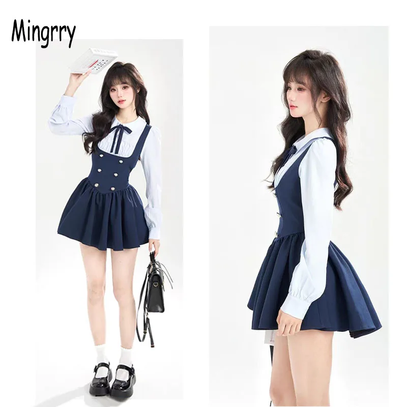 

Fake Two Piece Women Shirt Dress College Style JK Uniform Spring Women Long Sleeve Elegant Dress Japanese Slim Mini Dresses 2025