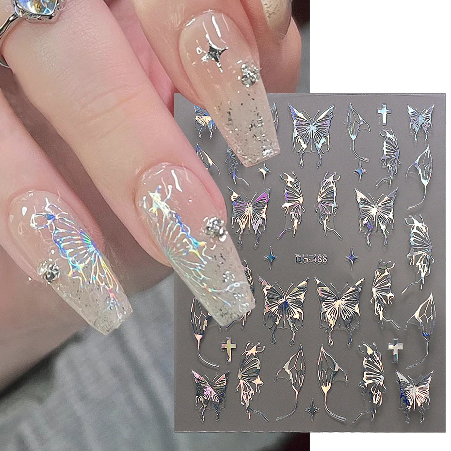 Laser Butterfly Nails Stickers 3D Holographic Shiny Sliver Gold Design Fairy Fluidic Butterflies Stars Manicure Decals #DH-488