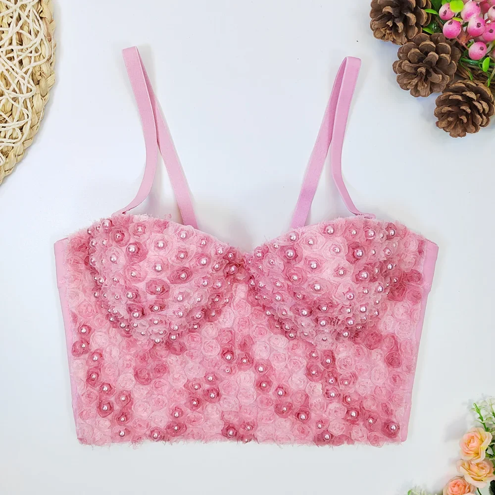 

New Fashion Lace Bandeau Wears Women Sexy Sleeveless Flowers Sweet Fishbone Beaded Short Bustier Corset Crop Tops Mujer L157