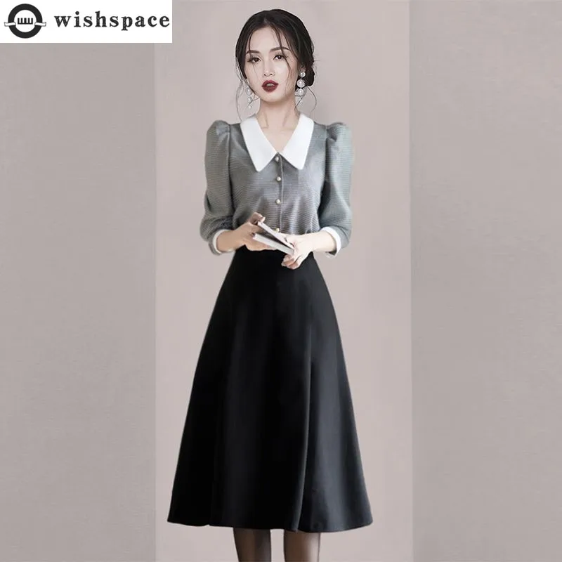 Spring French Vintage Casual Chiffon Shirt Tops Black Skirt Two-piece Elegant Women Skirt Suit Office Manager Outfits