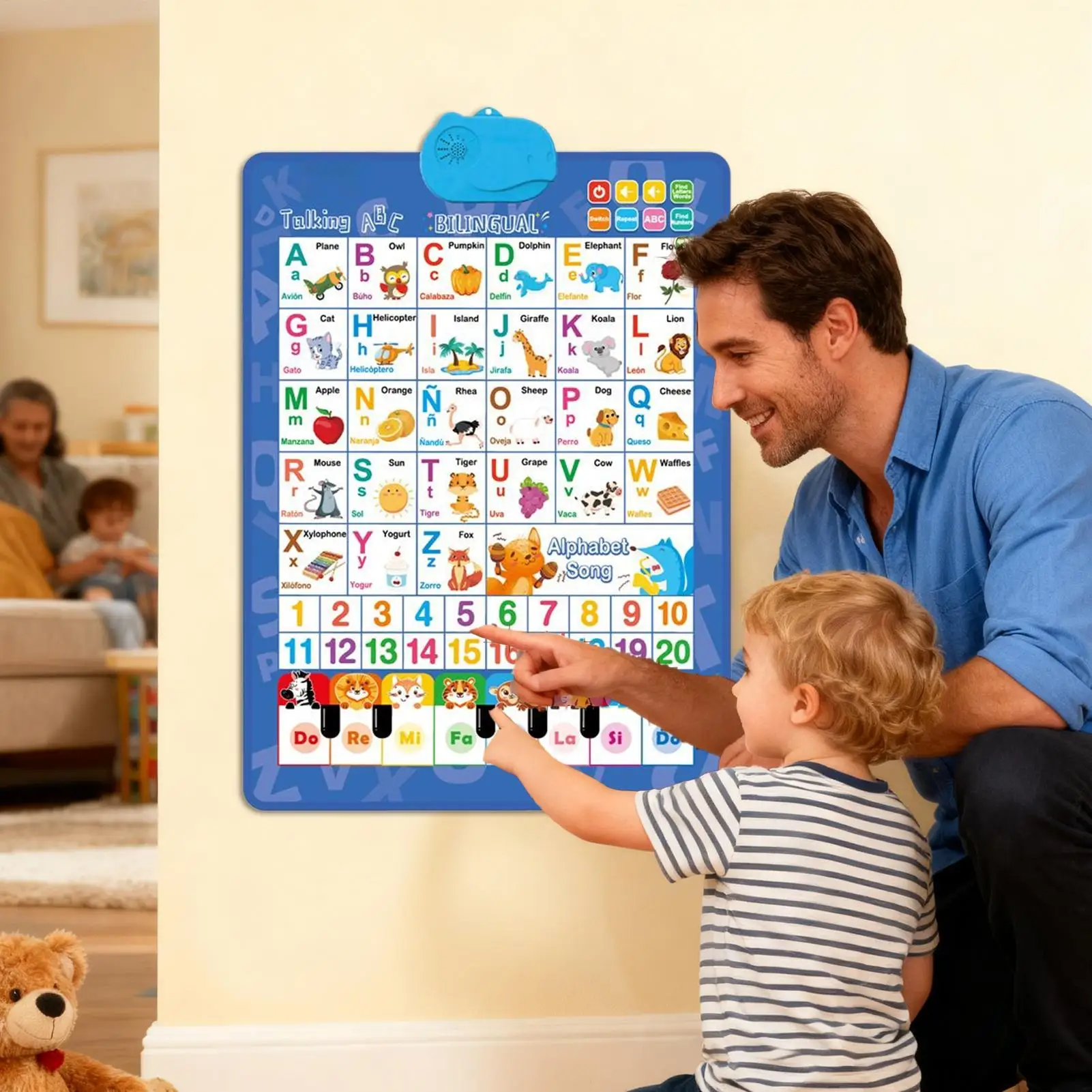 Tabla del alfabeto parlante, juguete interactivo bilingüe con música, pósteres de pared en español e inglés para preescolar, para edades de 3 a 8 años, aprendizaje de idiomas