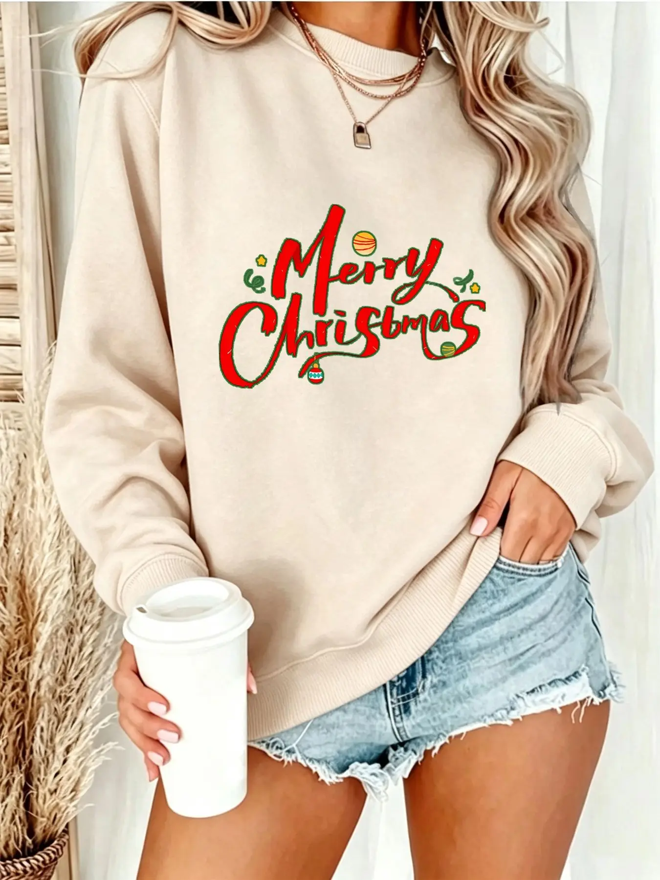 Christmas Holiday Party Women Crewneck Sweatshirt Merry Christmas Ornament Star Graphic Print Oversized Fleece Long Sleeve Pullover Winter Casual Street Top