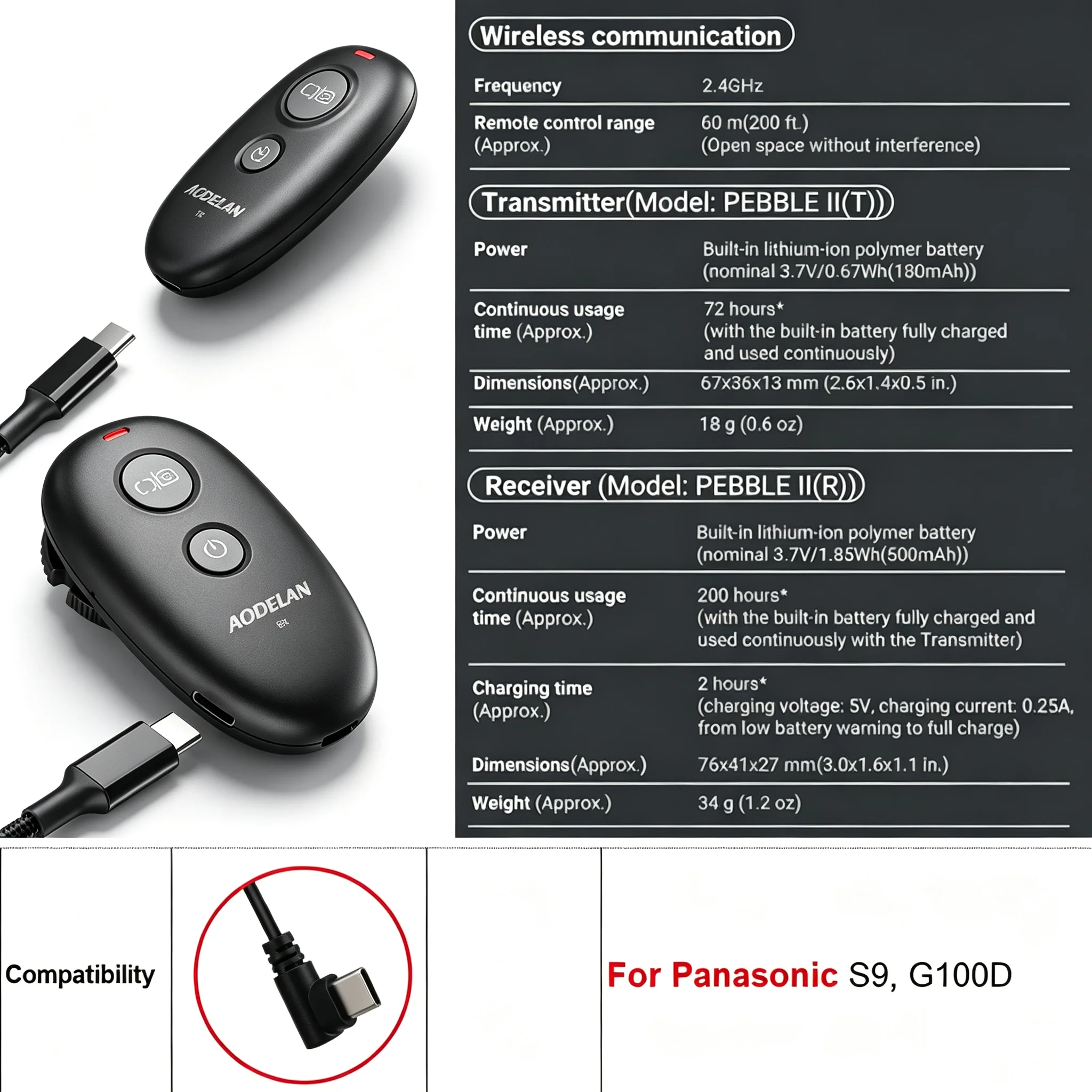 2,5 mm naar USB-C voor Panasonic S9, G100D, ZS99; Camera-afstandsbediening voor ontspanknop, autofocus, enkelvoudige opname, continue opname, opname met vertraagde opname, opname met lampfunctie