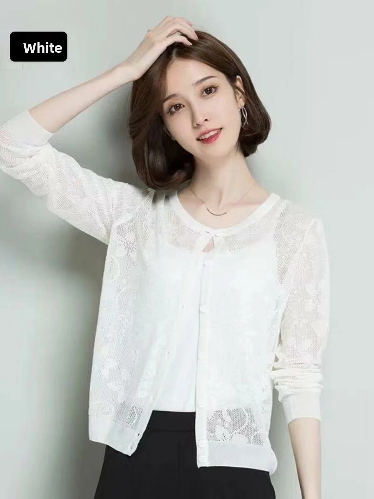 아이스 실크 니트 오픈 가디건 여성용 얇은 또는 속이 비치는 아우터웨어 긴 소매 에어컨용 봄 여름 라운드...