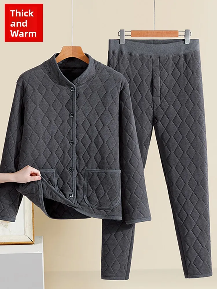 

Мужской утепленный многослойный домашний комплект для зимы: свободный крой, две части, топ на пуговицах, длинные брюки, комфортный.