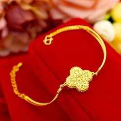 Real 100% 14k Gold Color lucky four leaf clovers Bangle for women Jewelry gold plated Bracelet Bangle Wedding Party Jewelry Gift