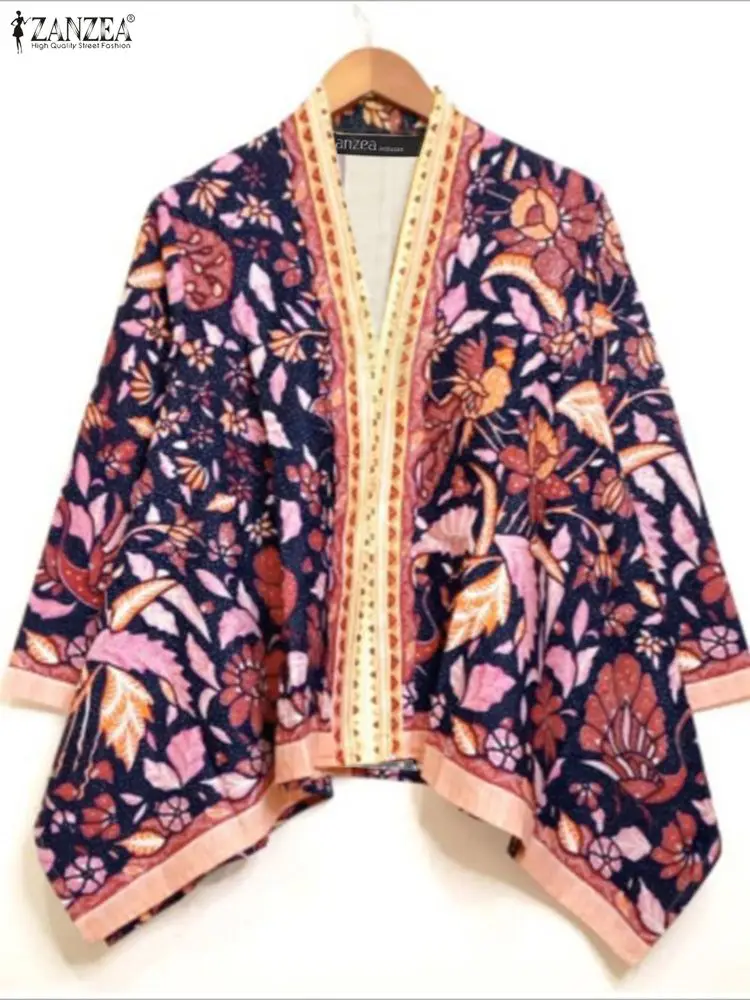 

ZANZEA, осенние женские блузки с цветочным принтом, v-образным вырезом, рукавами три четверти, свободные топы большого размера, богемные пляжные накидки для отдыха, 3XL