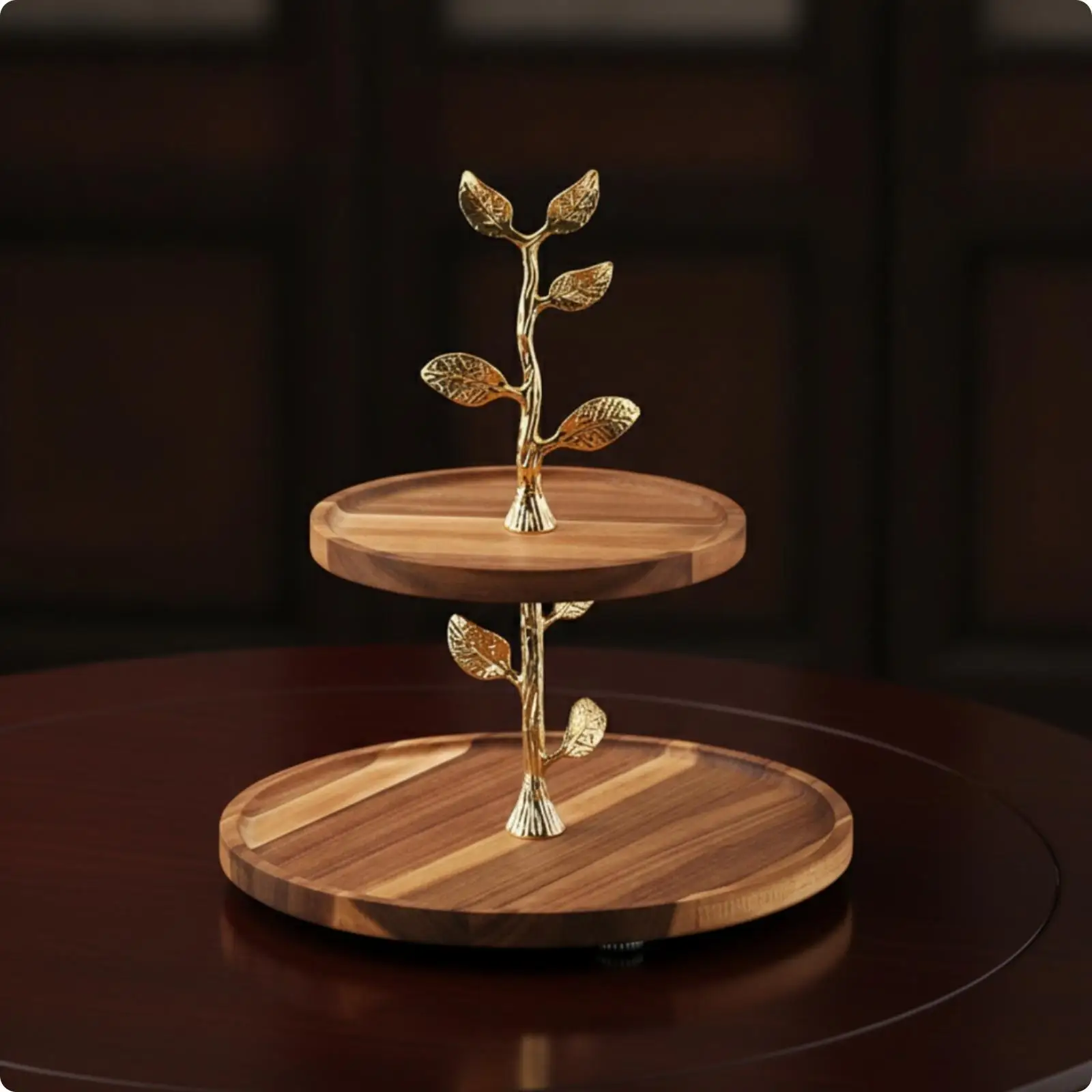 Wooden Two Tier Dessert Display Stand with Gold Metal Branch Design Cake Tray Holder for Pastry Fruit and Cupcake Showcase