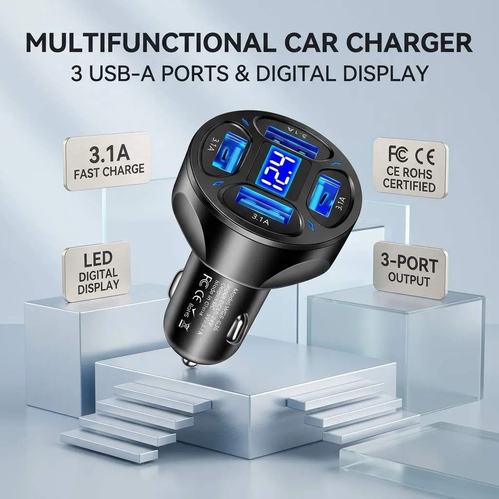 3.1A 4 USB Port Car Charger With LED Voltage Screen ABS Fireproof Shell Multi-Protection Smart Chip Adapter For iPhone 17 16 Pro