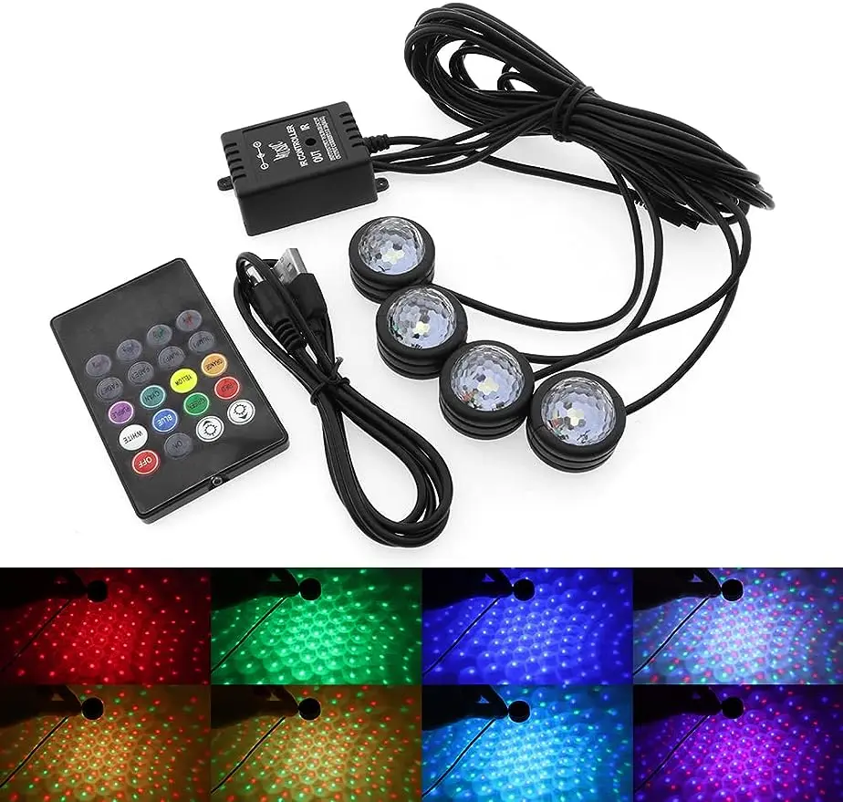 4PCS Star Projector Light RGB USB LED Lights Car Interior Decoration Atmosphere Light Remote Control